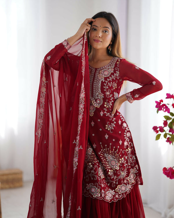 Joban Fashion red Sharara Georgette Thread with Sequins work
