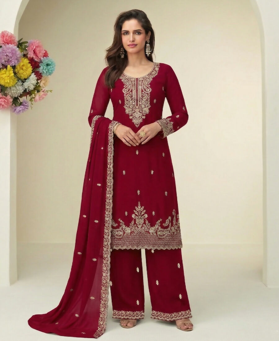 KC Dark Pink Georgette Heavy Embroidered Fancy Suit For Women - Dista