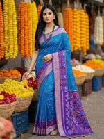 Thumbnail for Shree Shyam Fashion Blue Pochampally Silk Saree - Distacart