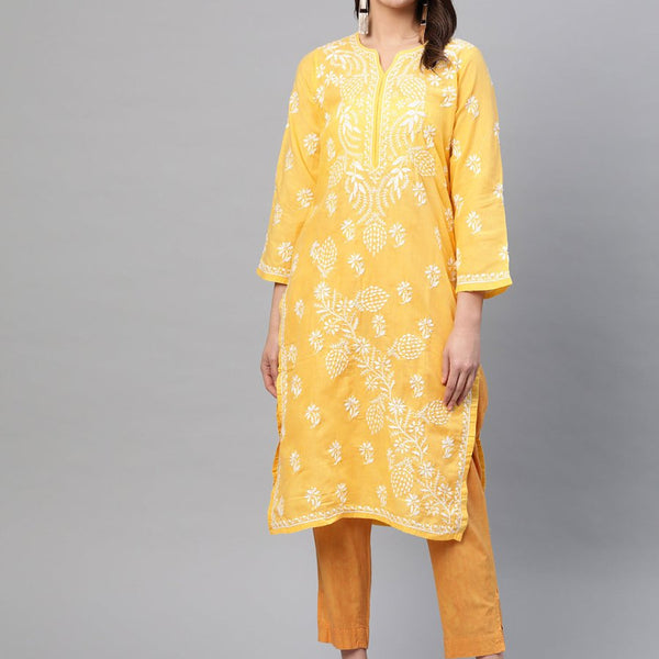 ADA Women Yellow & White Chikankari Embroidered Straight Sustainable Handloom Kurta - Distacart