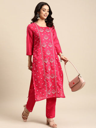 All About You Ethnic Motifs Embroidered Chanderi Silk Kurta with Trousers - Distacart