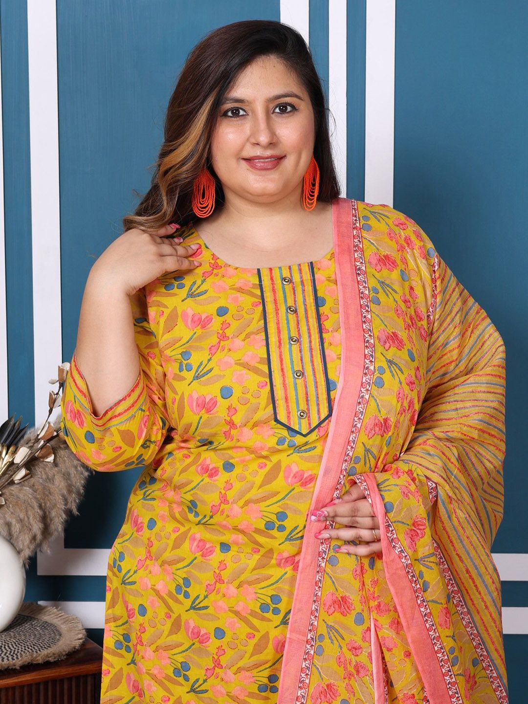 Swasti Plus Size Floral Printed Pure Cotton Straight Kurta with Palazzos & With Dupatta