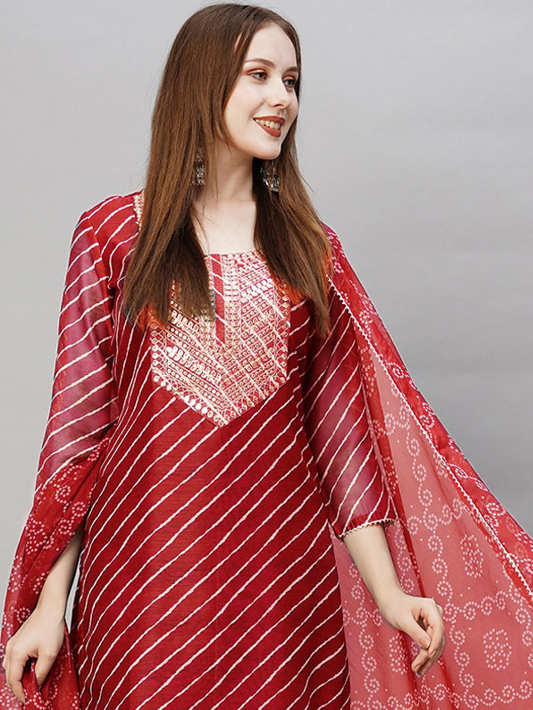 Kalini Leheriya Printed Thread Work Straight Kurta With Trousers & Dupatta - Distacart