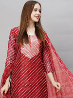 Thumbnail for Kalini Leheriya Printed Thread Work Straight Kurta With Trousers & Dupatta - Distacart