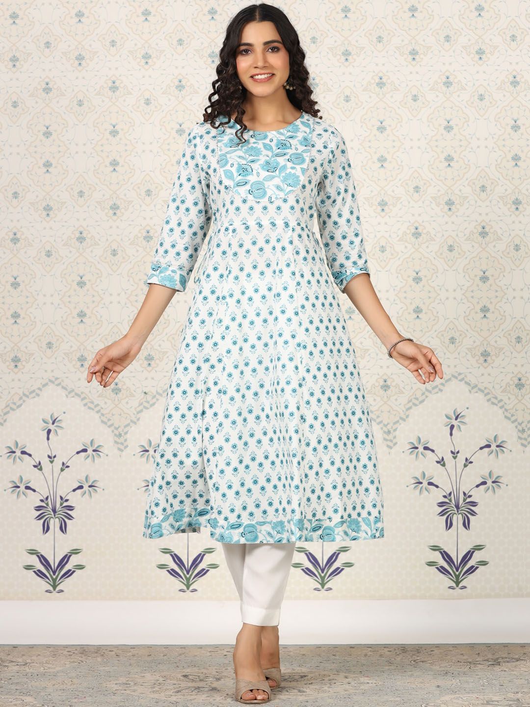 Ode by House of Pataudi Floral Printed Gotta Patti Pure Cotton A-Line Kurta - Distacart