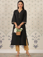 Thumbnail for Ode by House of Pataudi V-Neck Flared Sleeves Straight Kurta - Distacart