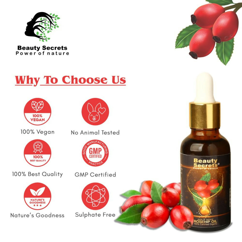 Beauty Secrets Certified Organic Rosehip Oil for Face and Body - Distacart