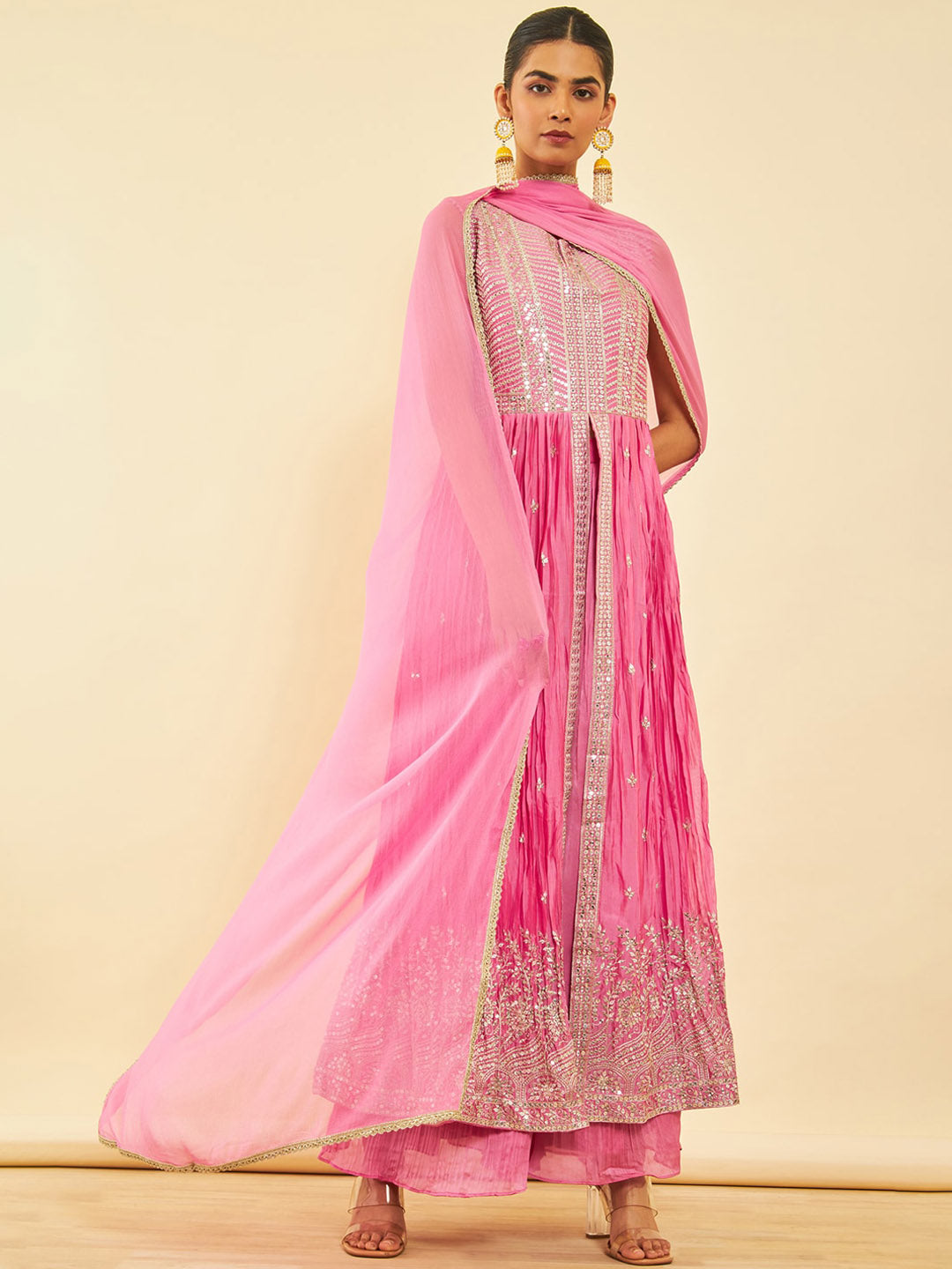 Soch Ethnic Motifs Embroidered Pleated Sequinned A-Line Kurta with Palazzos & Dupatta - Distacart