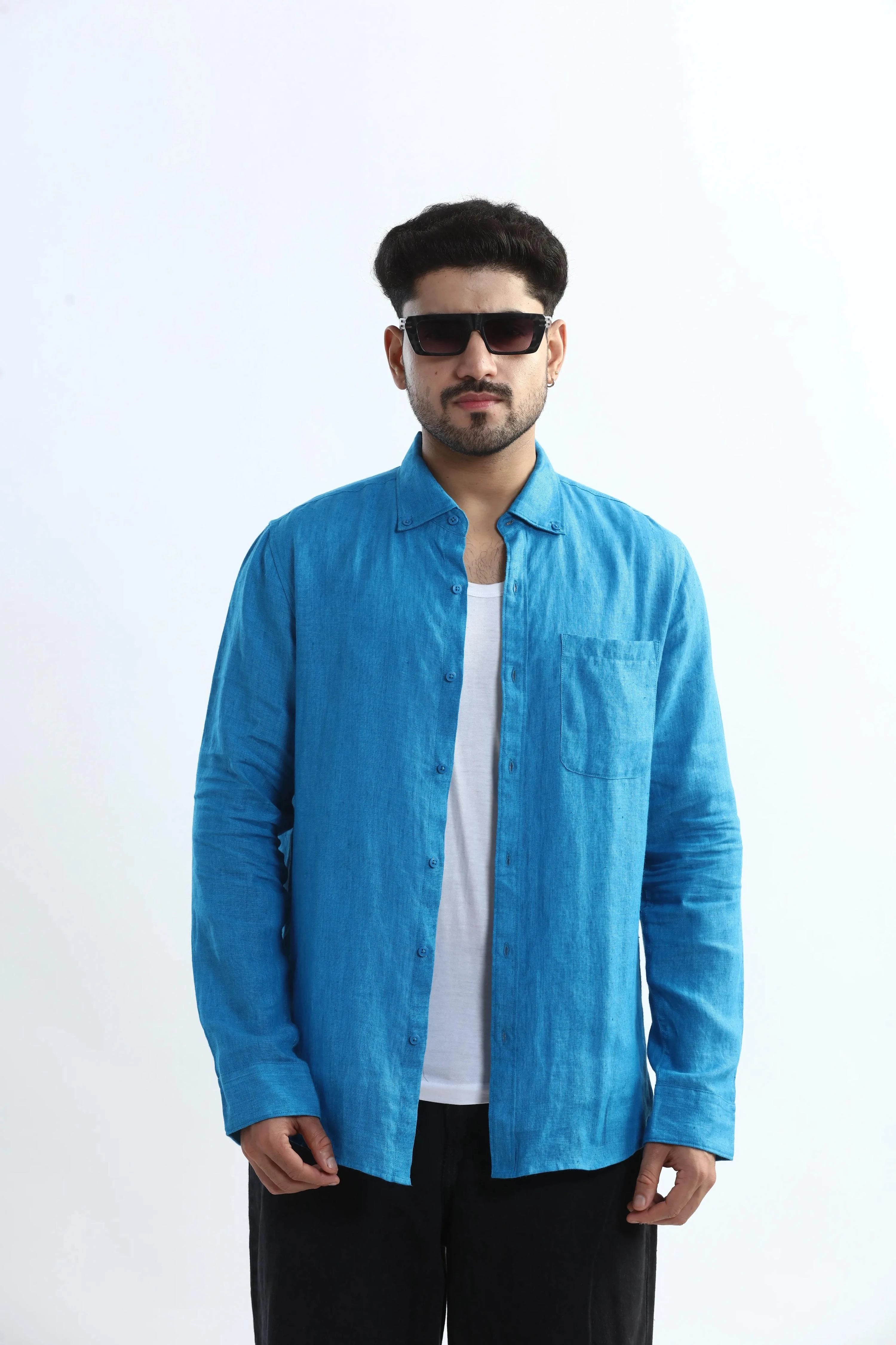 Xkind Blue 100% Pure Linen Button Down Casual Shirt