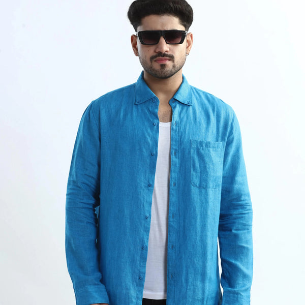 Xkind Blue 100% Pure Linen Button Down Casual Shirt