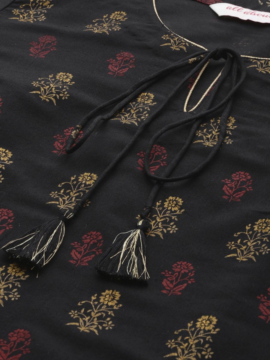 All About You Women Black & Yellow Floral Printed Regular Kurta with Trousers - Distacart