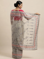 Thumbnail for kasee Grey & Fuchsia Floral Embroidered Net Heavy Work Saree - Distacart