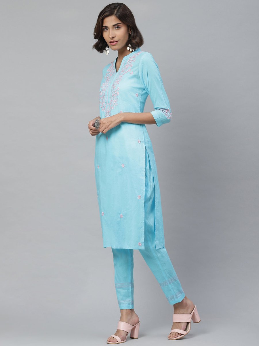 ADA Women Blue & Pink Chikankari Embroidered Sustainable Handloom Kurta with Trousers - Distacart