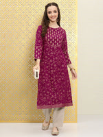 Thumbnail for Ode by House of Pataudi Women Magenta Pink Floral Embellished Mirror Work Kurta - Distacart