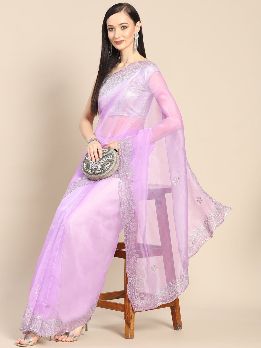 Anouk Lavender & Silver-Coloured Sequinned Organza Saree - Distacart