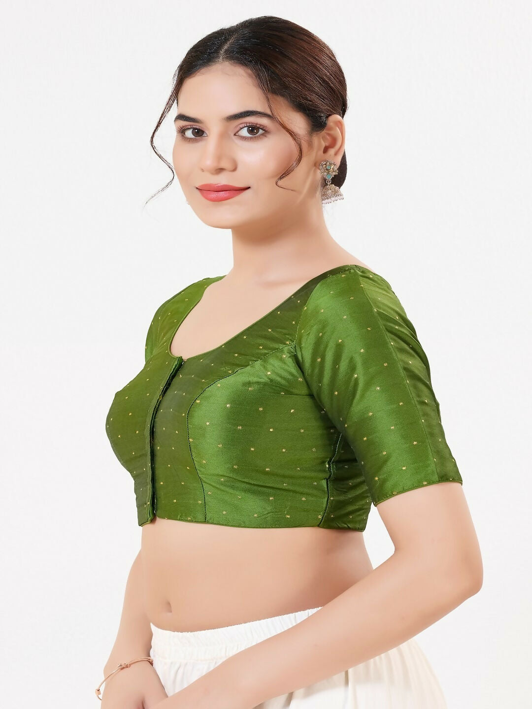Joban Fashion Mehendi-Green Taffeta Silk Elbow Sleeveless Front Open Blouse