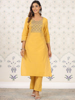 Thumbnail for Ode by House of Pataudi Yellow Floral Yoke Design Round Neck Sequinned Straight Kurta - Distacart