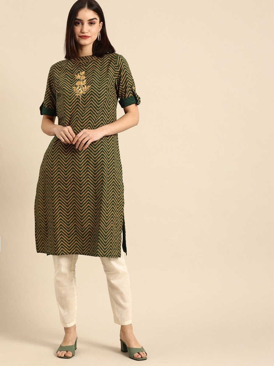 All About You Women Green & Yellow Floral Embroidered Thread Work Pure Cotton Kurta - Distacart