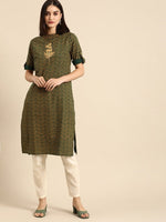 Thumbnail for All About You Women Green & Yellow Floral Embroidered Thread Work Pure Cotton Kurta - Distacart