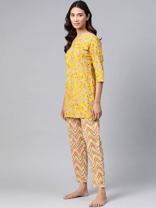 Anubhutee Mustard Yellow & Pink Pure Cotton Printed Night suit - Distacart