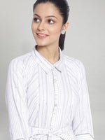 Thumbnail for AURELIA White & Grey Striped Shirt Midi Dress With Waist Tie Up