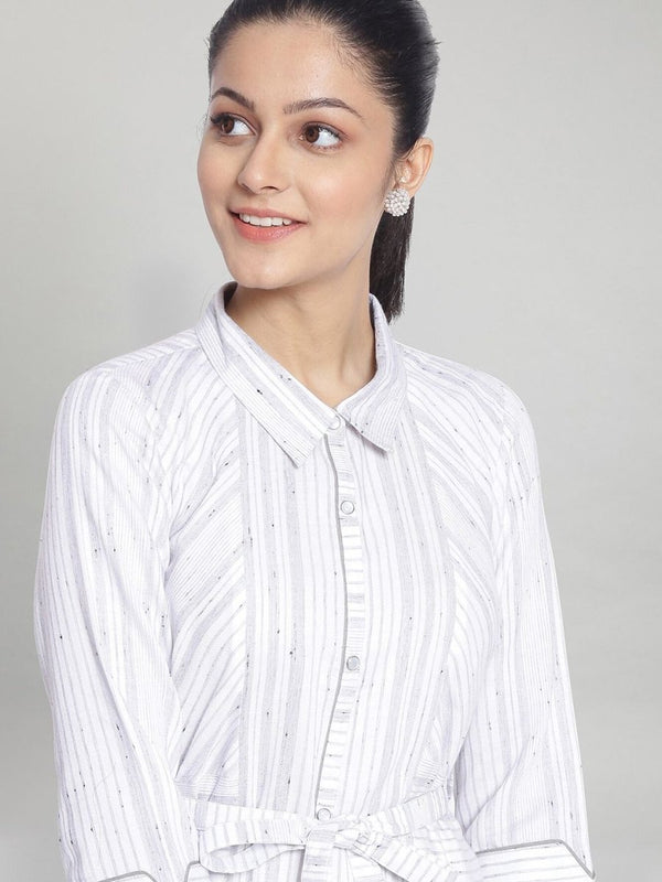 AURELIA White & Grey Striped Shirt Midi Dress With Waist Tie Up