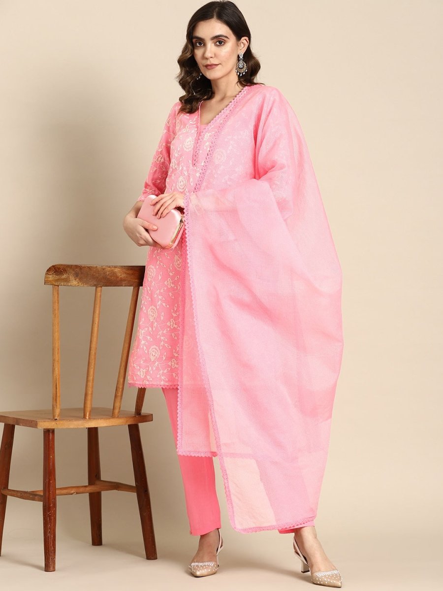 All About You Women Floral Embroidered Regular Kurta with Trousers & Dupatta - Distacart