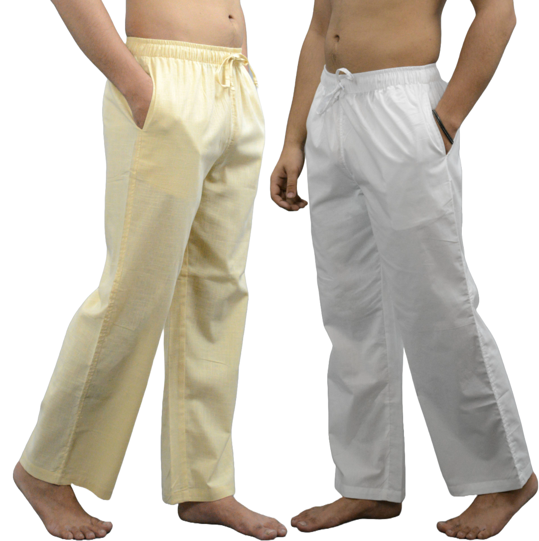 Fabmade White & Beige Combo Linen Pajama - Distacart
