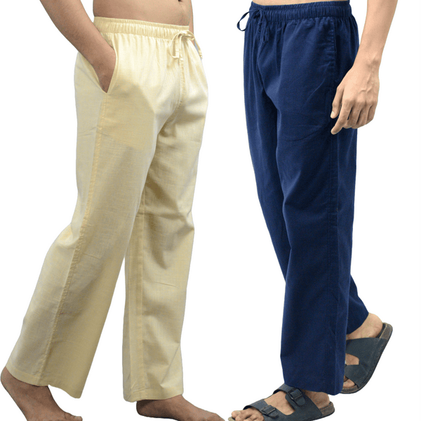 Fabmade Navy Blue & Beige Combo Men Linen Pajama - Distacart