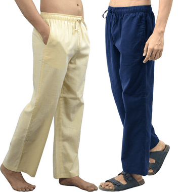 Fabmade Navy Blue & Beige Combo Men Linen Pajama - Distacart