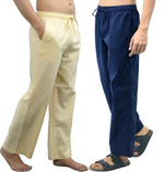 Thumbnail for Fabmade Navy Blue & Beige Combo Men Linen Pajama - Distacart