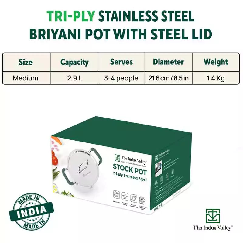 The Indus Valley TurboCuk Tri-ply Stainless Steel Biryani Cooking Pot/Casserole, Premium Quality, 3 Layer Thick Body, Cool Silicone Handles, 100% Toxin-free, Non-stick, Induction & Gas, Spatula, 2.9L