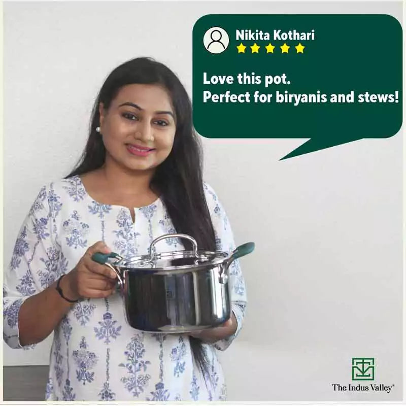 The Indus Valley TurboCuk Tri-ply Stainless Steel Biryani Cooking Pot/Casserole, Premium Quality, 3 Layer Thick Body, Cool Silicone Handles, 100% Toxin-free, Non-stick, Induction & Gas, Spatula, 2.9L