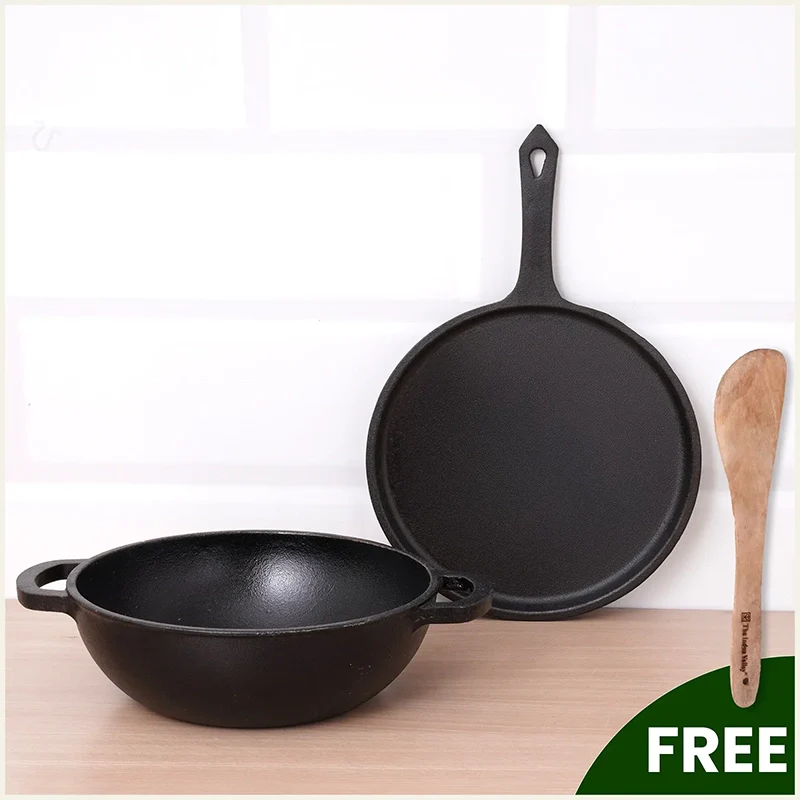 The Indus Valley CASTrong Cast Iron Cookware Set: Tawa + Kadai, Kitchen Set for Home, Pre-seasoned, 100% Pure, Toxin-free, Induction - Distacart
