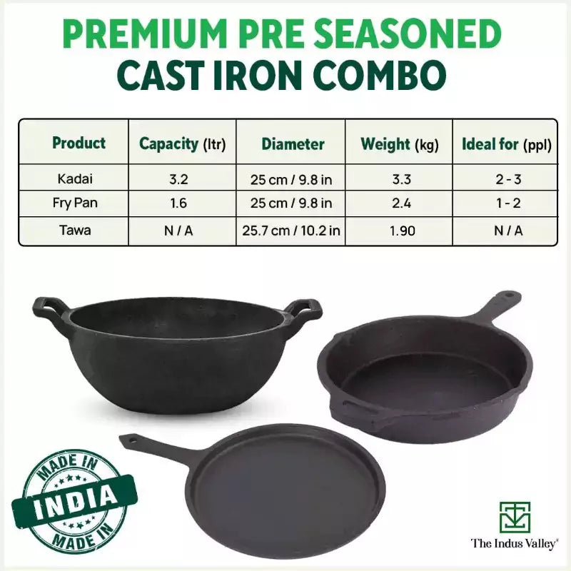 The Indus Valley CASTrong Cast Iron Cookware Set: Tawa+ Kadai+ Frypan, Kitchen Set for Home, Pre-seasoned, 100% Pure, Induction, Tadka Pan