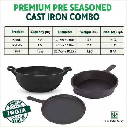 The Indus Valley CASTrong Cast Iron Cookware Set: Tawa+ Kadai+ Frypan, Kitchen Set for Home, Pre-seasoned, 100% Pure, Induction, Tadka Pan - Distacart