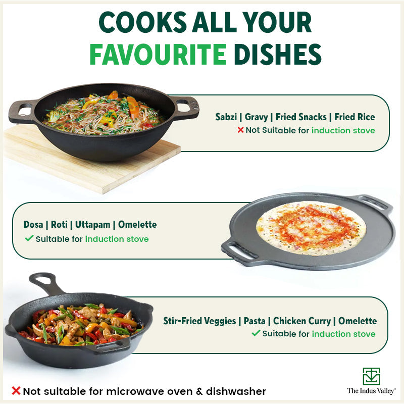 The Indus Valley CASTrong Cast Iron Cookware Set: Tawa+ Kadai+ Fry Pan, Kitchen Set for Home, Pre-seasoned, 100% Pure, Toxin-free, Tadka Pan - Distacart