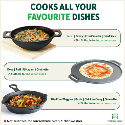 The Indus Valley CASTrong Cast Iron Cookware Set: Tawa+ Kadai+ Fry Pan, Kitchen Set for Home, Pre-seasoned, 100% Pure, Toxin-free, Tadka Pan - Distacart