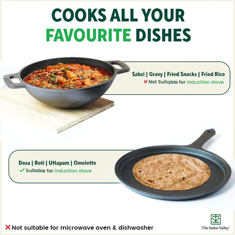 The Indus Valley CASTrong Cast Iron Cookware Set: Tawa+ Kadai (Wok model), Kitchen Set for Home, Pre-seasoned, 100% Pure, Toxin-free, Tadka Pan - Distacart