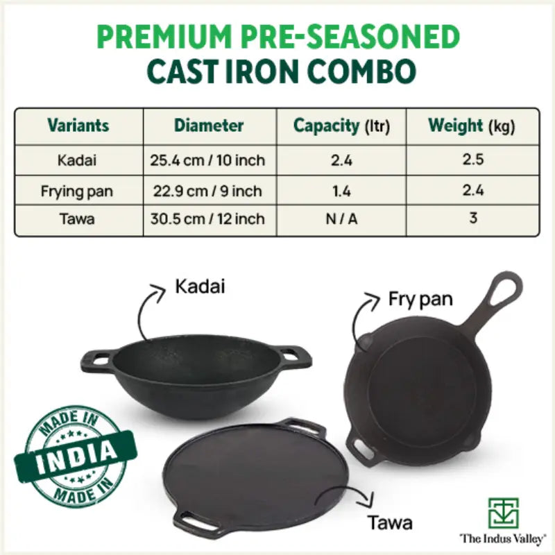 The Indus Valley CASTrong Cast Iron Cookware Set: Tawa+ Kadai+ Fry Pan, Kitchen Set for Home, Pre-seasoned, 100% Pure, Toxin-free, Tadka Pan