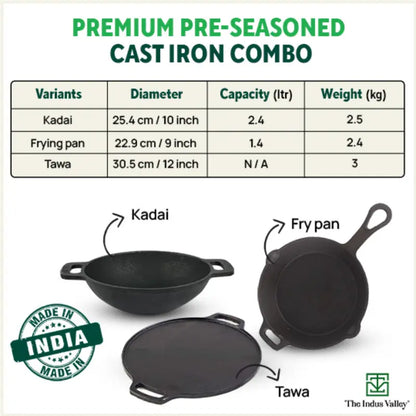 The Indus Valley CASTrong Cast Iron Cookware Set: Tawa+ Kadai+ Fry Pan, Kitchen Set for Home, Pre-seasoned, 100% Pure, Toxin-free, Tadka Pan - Distacart