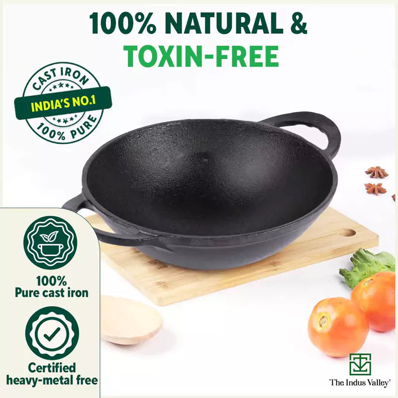 The Indus Valley CASTrong Cast Iron Kadai, Pre-seasoned, Nonstick, 100% Pure, Toxin-free, 20.3cm, 1.4L, 1.5kg