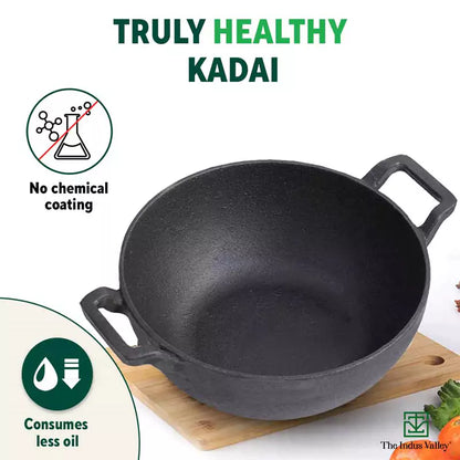 The Indus Valley CASTrong Cast Iron Kadai, Pre-seasoned, Nonstick, 100% Pure, Toxin-free, Induction, 21/25cm, 1.7L/3.3kg - Distacart