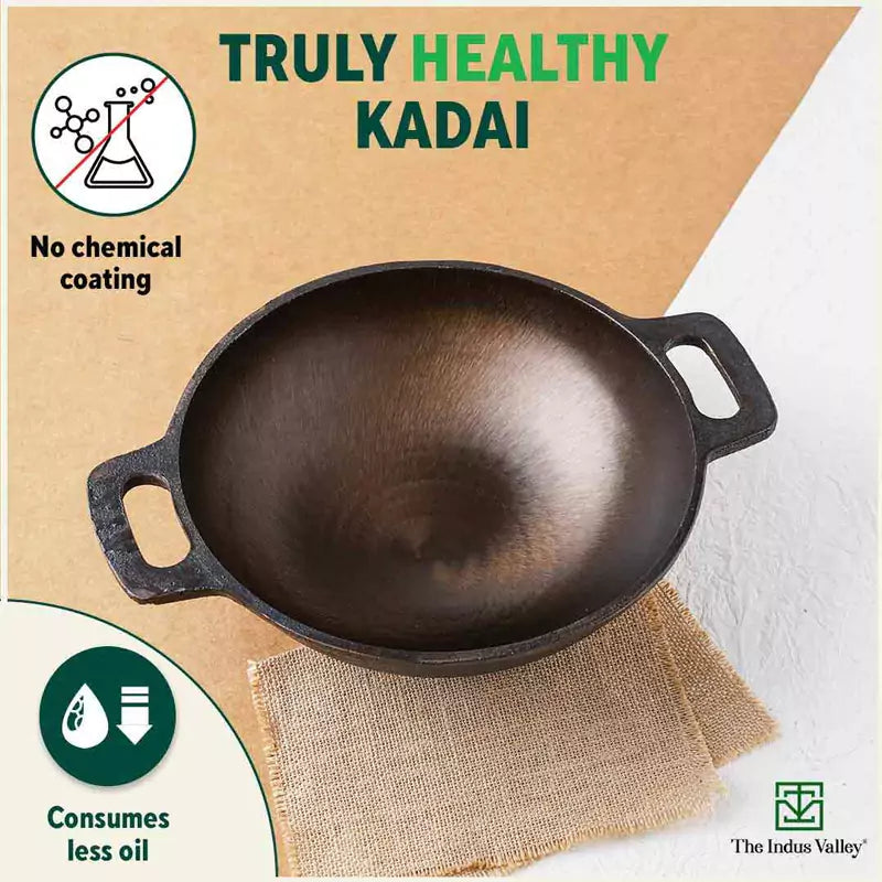 The Indus Valley Super Smooth Cast Iron Kadai,Pre-seasoned, Nonstick, 100% Pure, Toxin-free, Spatula, 25.4cm, 2.5L, 2.4kg