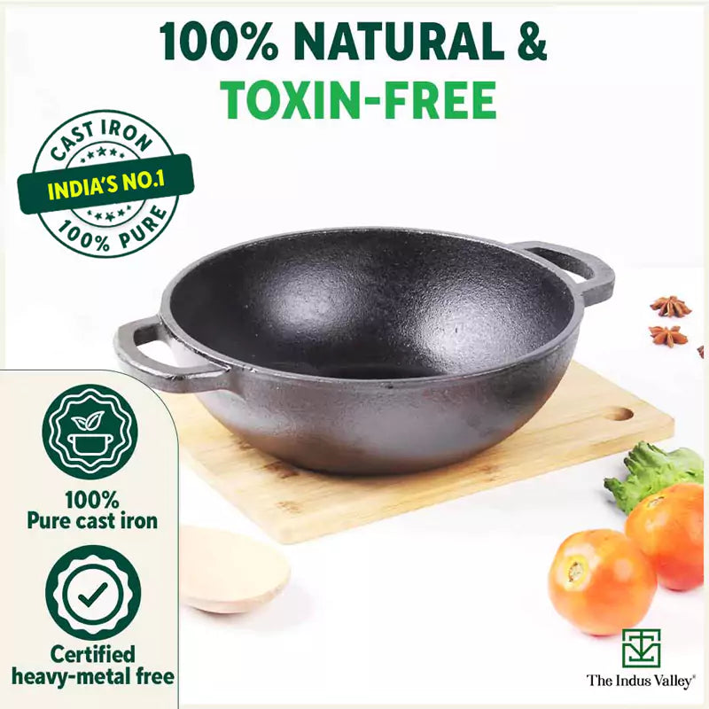 The Indus Valley CASTrong Cast Iron Kadai ,Pre-seasoned, Nonstick, 100% Pure, Toxin-free, Induction, Spatula, 25.4 cm, 2.3L, 2.5kg