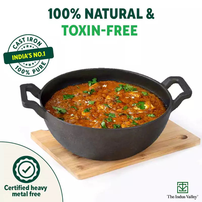 The Indus Valley CASTrong Cast Iron Kadai, Pre-seasoned, Nonstick, 100% Pure, Toxin-free, Induction, 21/25cm, 1.7L/3.3kg - Distacart
