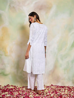 Thumbnail for HOUSE OF KARI Women Notch Neck Floral Embroidered Chikankari Shadow Work Cotton Kurta - Distacart
