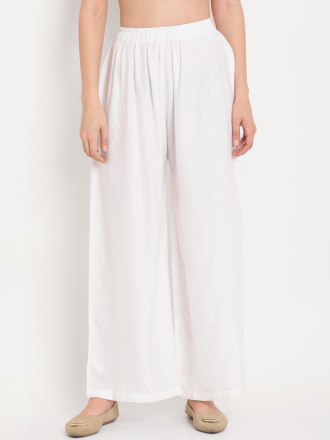 TAG 7 Women White Solid Flared Palazzos - Distacart