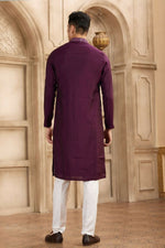 Thumbnail for Raivat Ethnic Banarasi Art Silk Mirror Work Kurta Pajama In Wine Colour