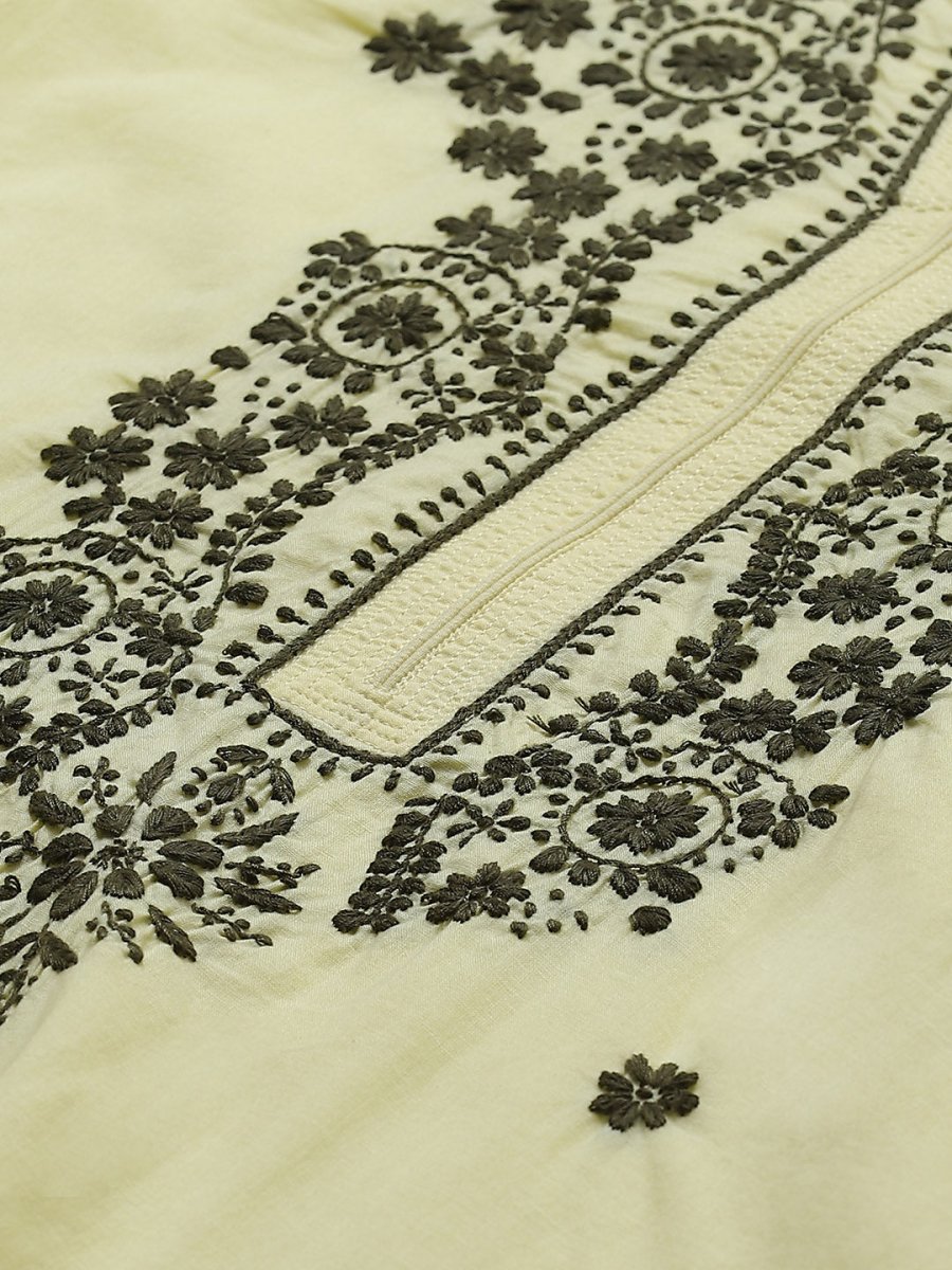 ADA Women Yellow & Olive Green Chikankari Floral Embroidered Sustainable Handloom Kurta with Trousers - Distacart